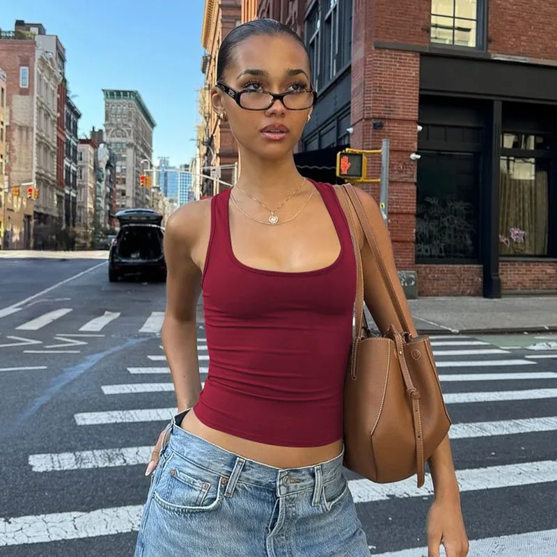 Women's Square Collar Sleeveless Bodycon Crop Tank Top Sexy Elegant Solid Y2K Party Clubwear Summer Outfit Wholesale