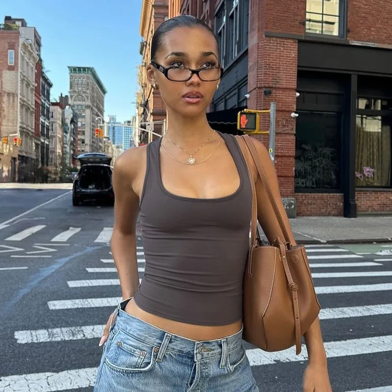 Women's Square Collar Sleeveless Bodycon Crop Tank Top Sexy Elegant Solid Y2K Party Clubwear Summer Outfit Wholesale