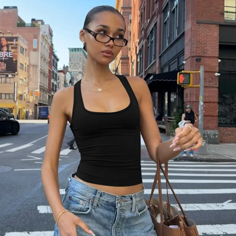 Women's Square Collar Sleeveless Bodycon Crop Tank Top Sexy Elegant Solid Y2K Party Clubwear Summer Outfit Wholesale