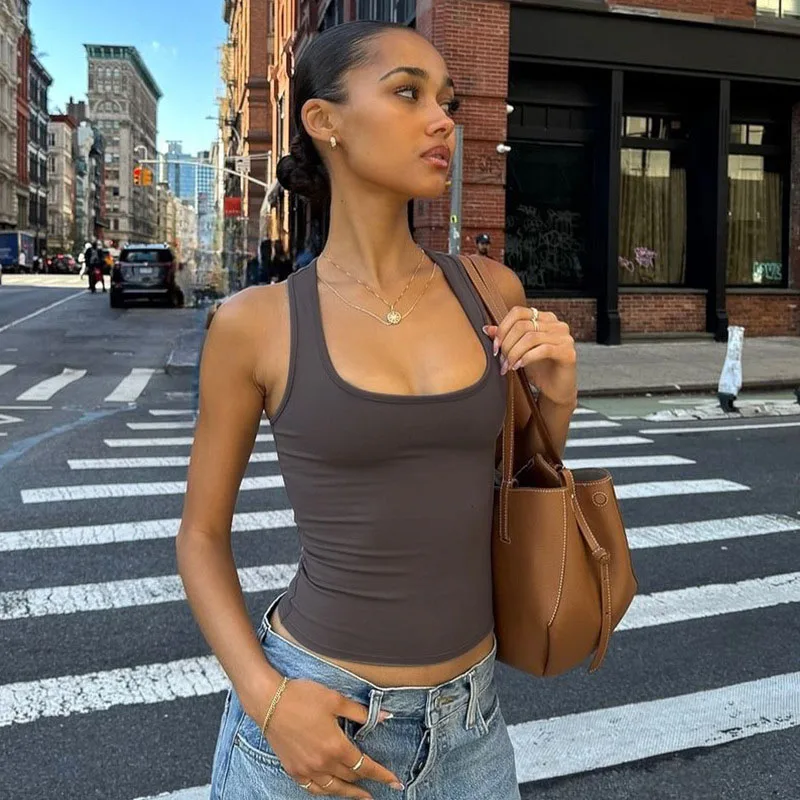 Women's Square Collar Sleeveless Bodycon Crop Tank Top Sexy Elegant Solid Y2K Party Clubwear Summer Outfit Wholesale