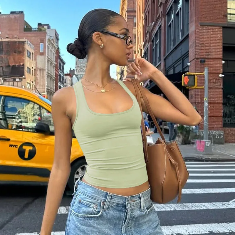 Women's Square Collar Sleeveless Bodycon Crop Tank Top Sexy Elegant Solid Y2K Party Clubwear Summer Outfit Wholesale