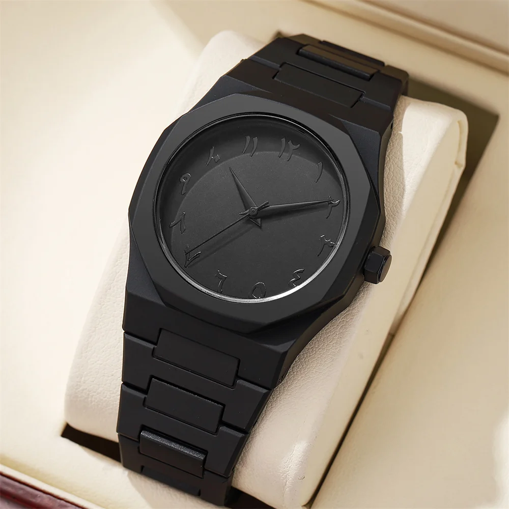 Men's Fashion Simple Black Large Dial Quartz Watch Casual Polycarbonate Butterfly Buckle Strap Male Waterproof Clock Wristwatch