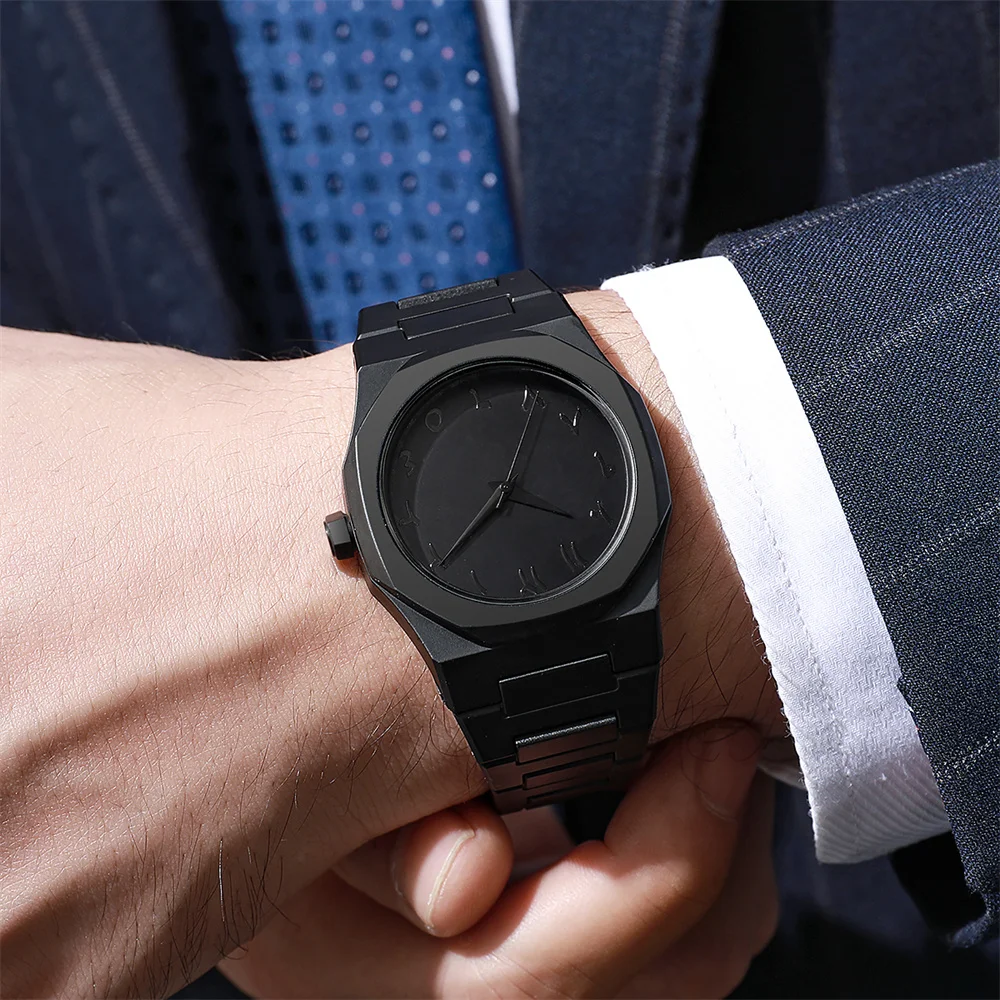 Men's Fashion Simple Black Large Dial Quartz Watch Casual Polycarbonate Butterfly Buckle Strap Male Waterproof Clock Wristwatch