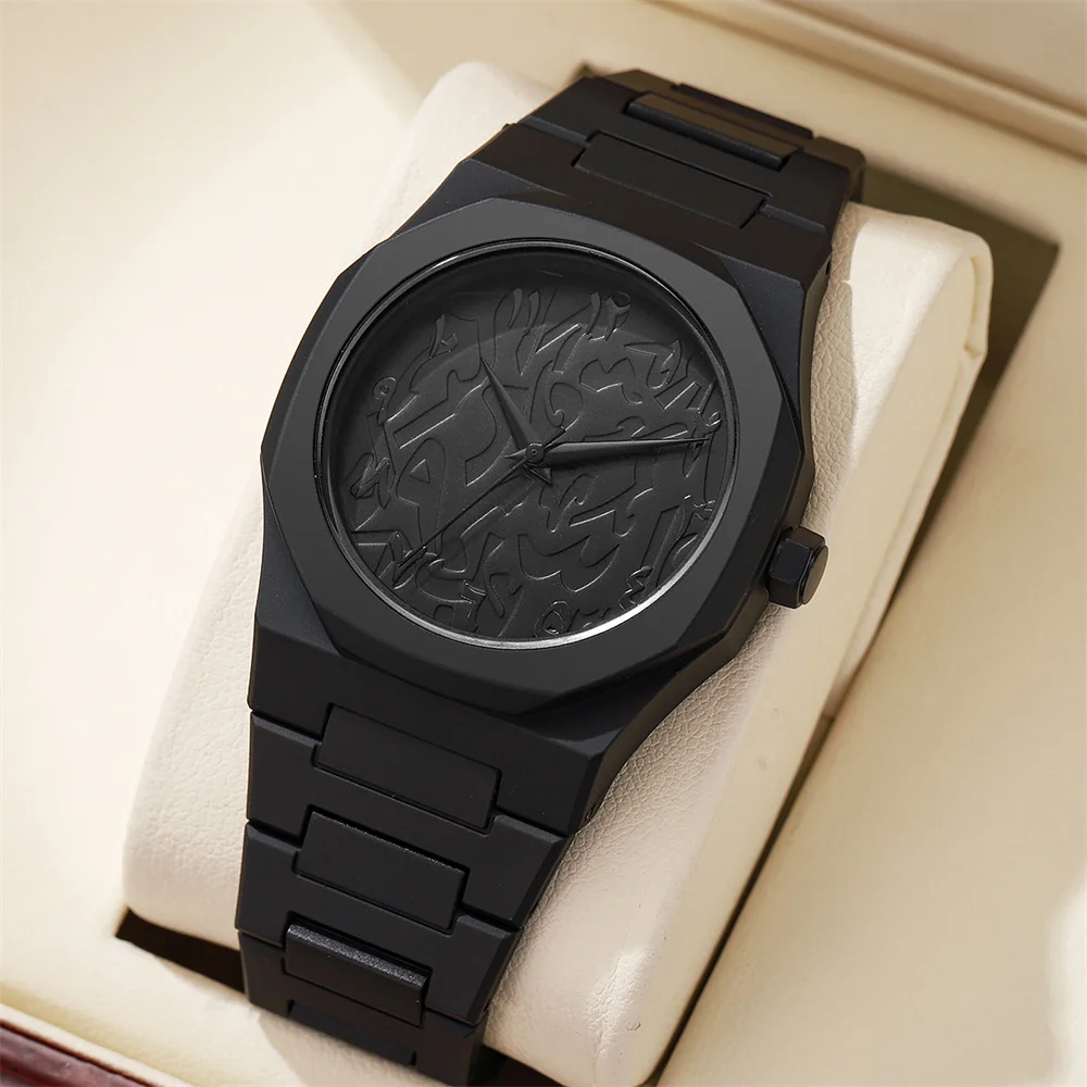 Men's Fashion Simple Black Large Dial Quartz Watch Casual Polycarbonate Butterfly Buckle Strap Male Waterproof Clock Wristwatch