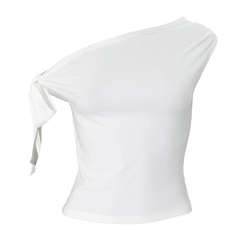 2025 Women'S Summer Ins Style New Shrink Pleated One-Shoulder Crop Top Backless Twist Tie Asymmetric T-Shirt Casual Top