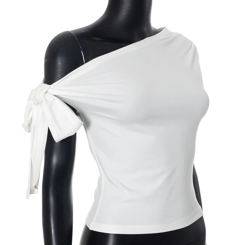 2025 Women'S Summer Ins Style New Shrink Pleated One-Shoulder Crop Top Backless Twist Tie Asymmetric T-Shirt Casual Top