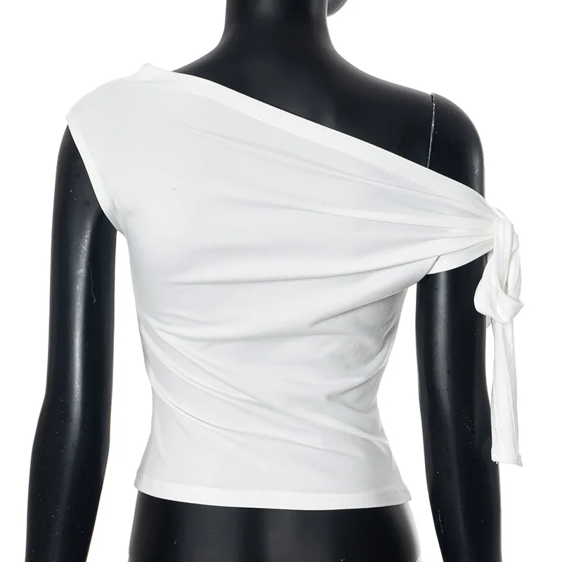 2025 Women'S Summer Ins Style New Shrink Pleated One-Shoulder Crop Top Backless Twist Tie Asymmetric T-Shirt Casual Top