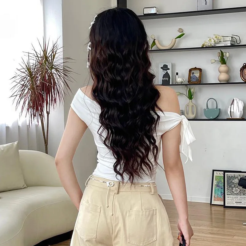 2025 Women'S Summer Ins Style New Shrink Pleated One-Shoulder Crop Top Backless Twist Tie Asymmetric T-Shirt Casual Top
