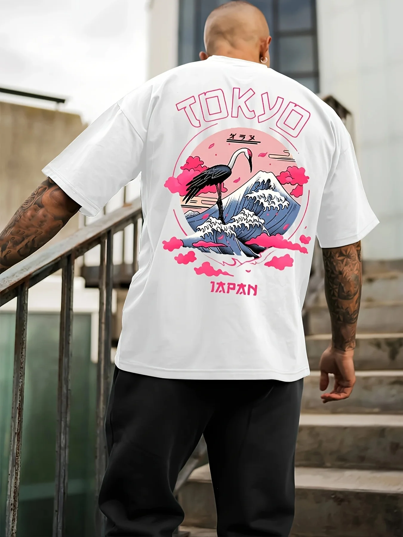 Men's Summer 100% Cotton Tokyo Casual Pattern Printed Fashionable and Casual Loose Round Neck Short Sleeved T-Shirt Top