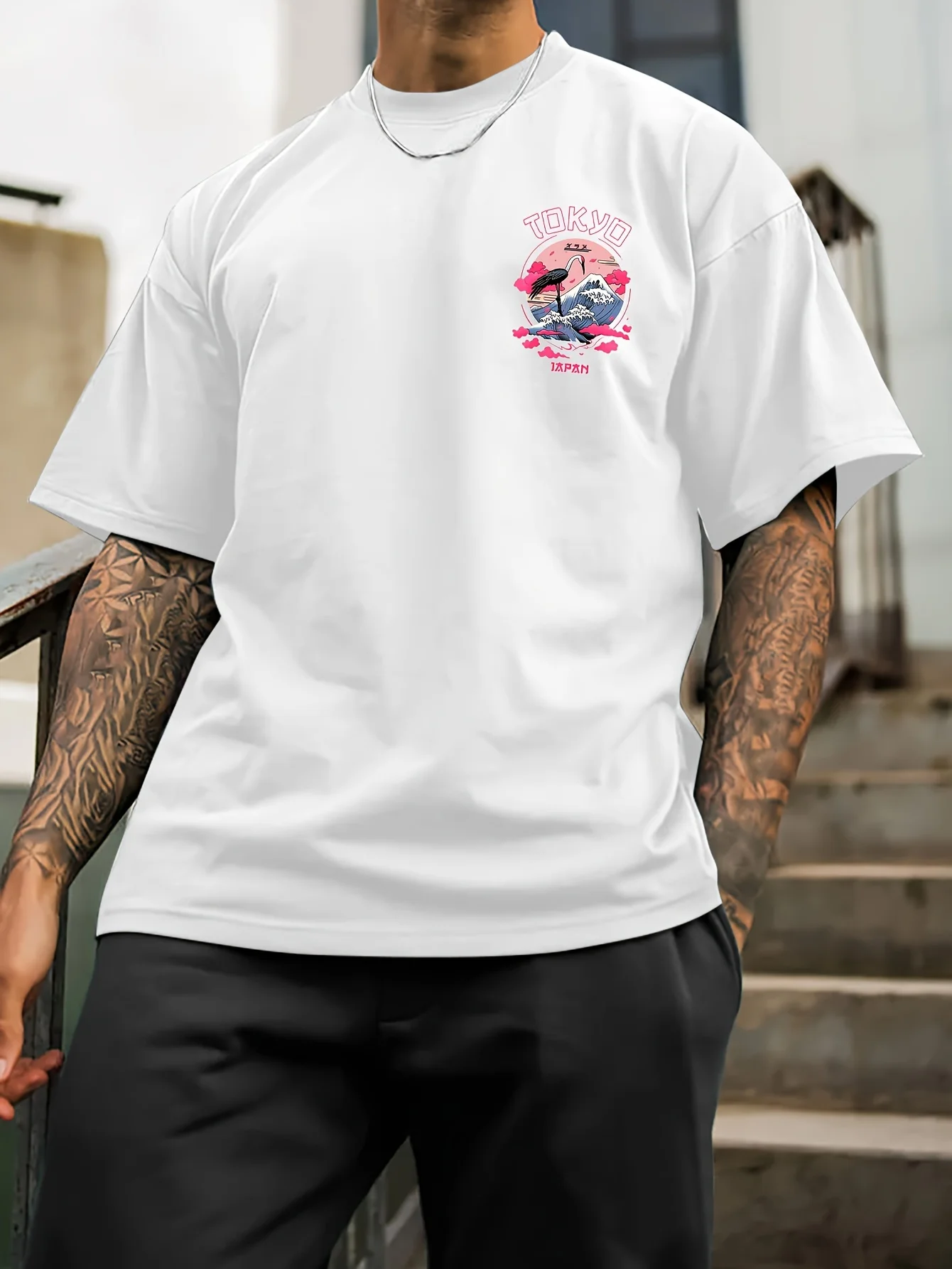 Men's Summer 100% Cotton Tokyo Casual Pattern Printed Fashionable and Casual Loose Round Neck Short Sleeved T-Shirt Top