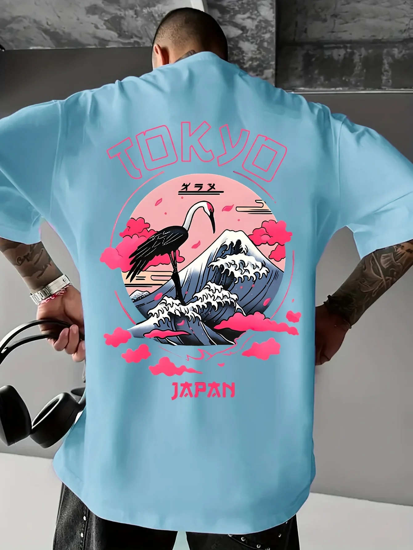 Men's Summer 100% Cotton Tokyo Casual Pattern Printed Fashionable and Casual Loose Round Neck Short Sleeved T-Shirt Top
