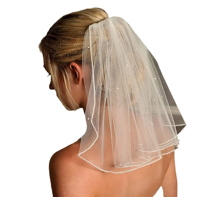 Simple Pearl Beaded Short Tulle Bridal Veil with Plastic Comb Marriage Accessories