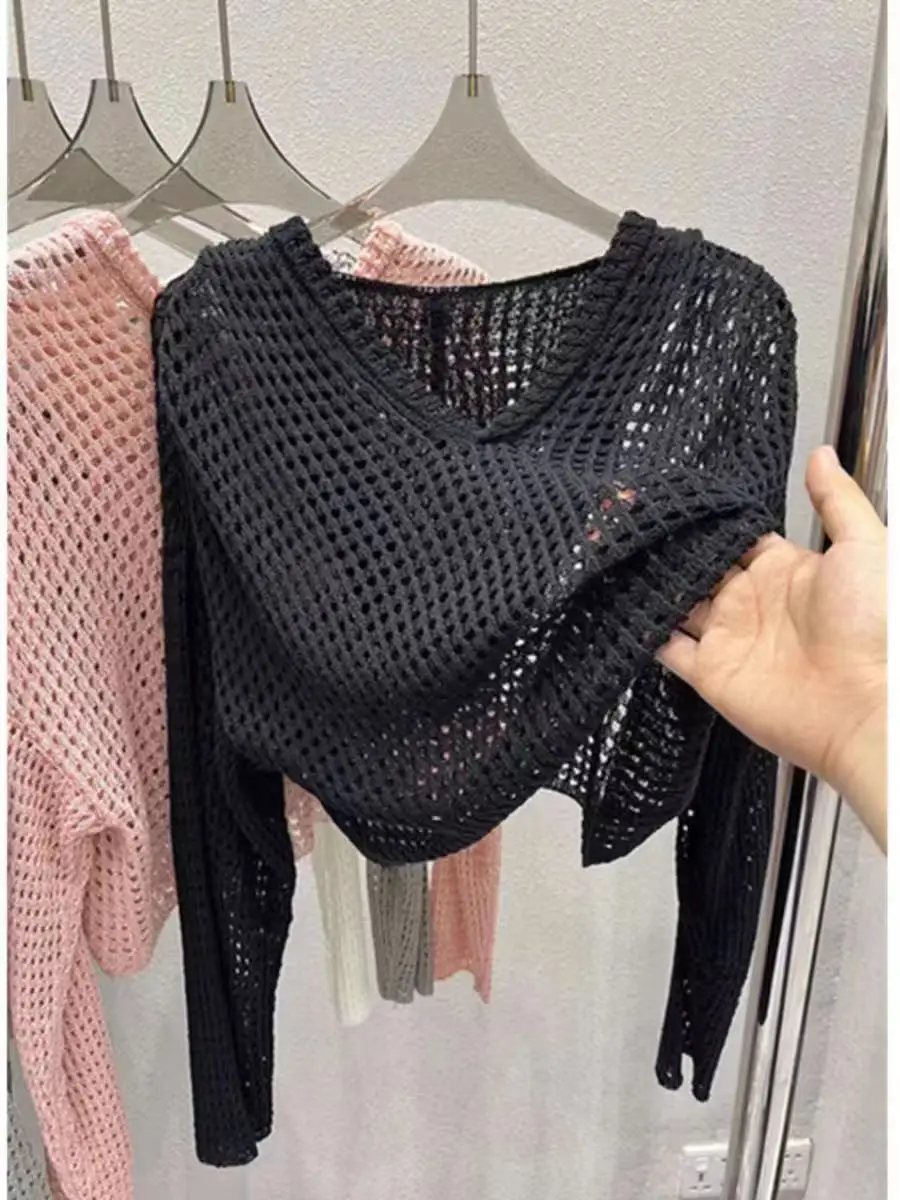 Pointelle Knit Hooded Sweater for Women Sheer Openwork Long Sleeve Boxy-fit Pullover Crop Top Teen-girl Spring Summer Y2K Outfit
