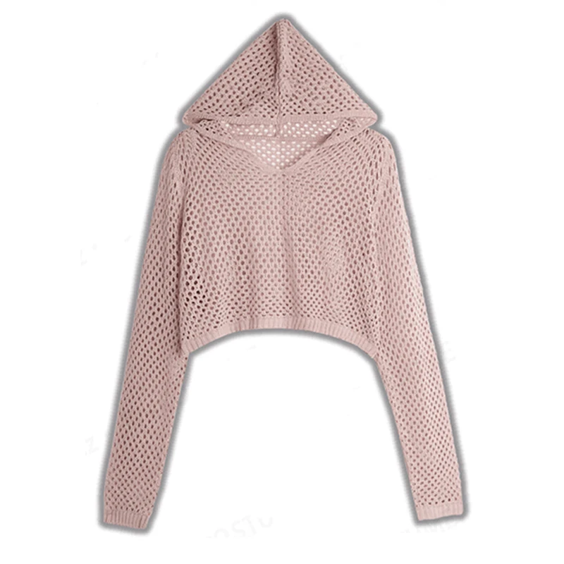 Pointelle Knit Hooded Sweater for Women Sheer Openwork Long Sleeve Boxy-fit Pullover Crop Top Teen-girl Spring Summer Y2K Outfit