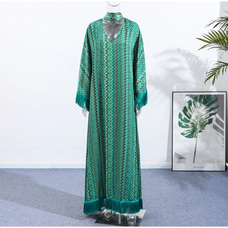 Elegant Tassel Hem Women's Evening Dresses Loose V-neck Full Sleeve Scarf Dresses 2025 Autumn Party Luxurious Lady Robe