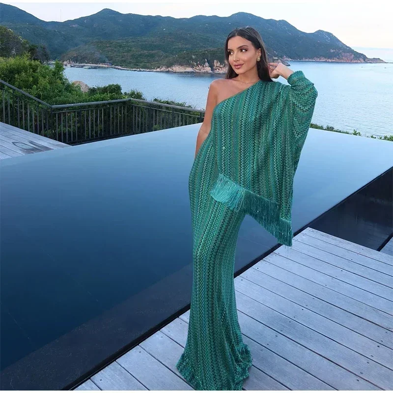 Elegant Tassel Hem Women's Evening Dresses Loose V-neck Full Sleeve Scarf Dresses 2025 Autumn Party Luxurious Lady Robe