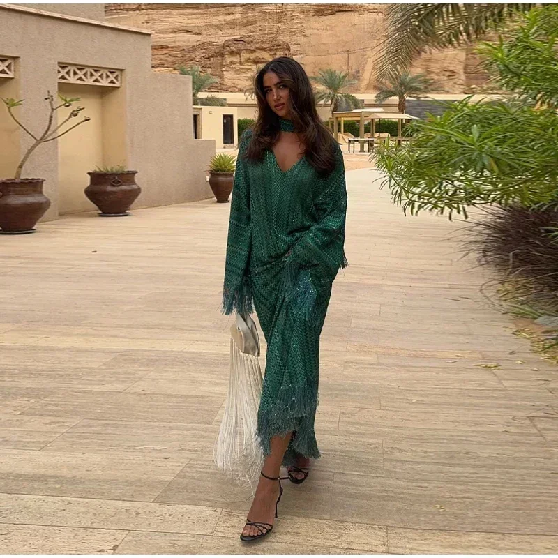 Elegant Tassel Hem Women's Evening Dresses Loose V-neck Full Sleeve Scarf Dresses 2025 Autumn Party Luxurious Lady Robe