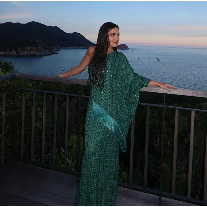 Elegant Tassel Hem Women's Evening Dresses Loose V-neck Full Sleeve Scarf Dresses 2025 Autumn Party Luxurious Lady Robe