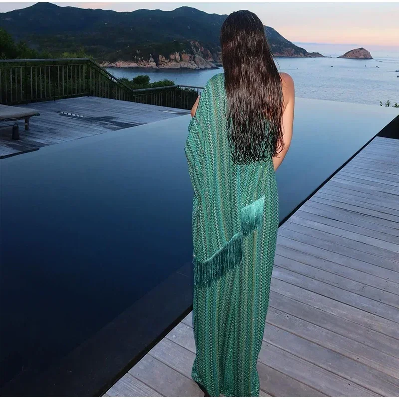 Elegant Tassel Hem Women's Evening Dresses Loose V-neck Full Sleeve Scarf Dresses 2025 Autumn Party Luxurious Lady Robe