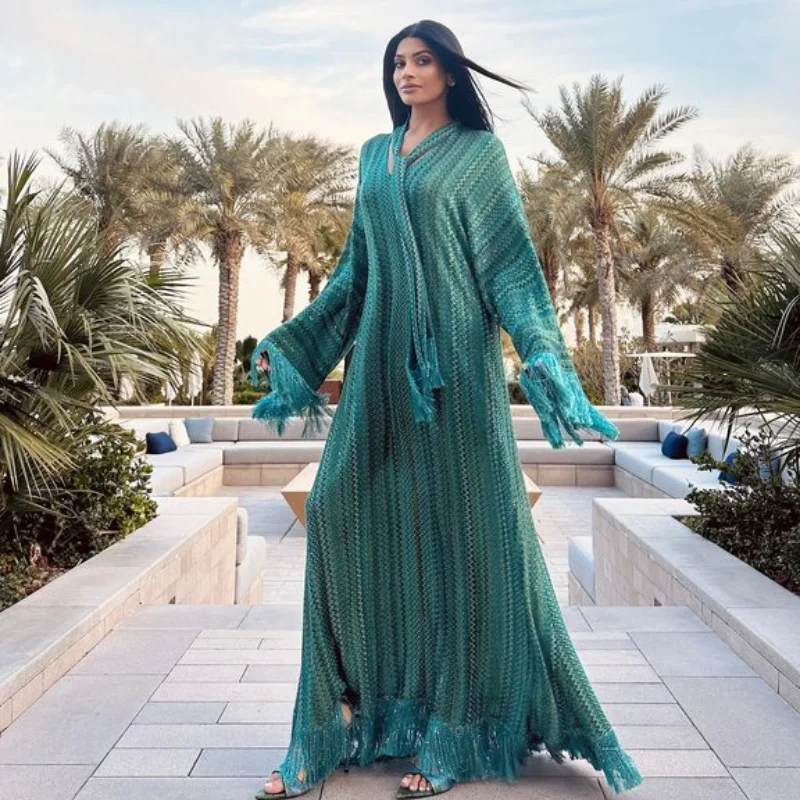 Elegant Tassel Hem Women's Evening Dresses Loose V-neck Full Sleeve Scarf Dresses 2025 Autumn Party Luxurious Lady Robe