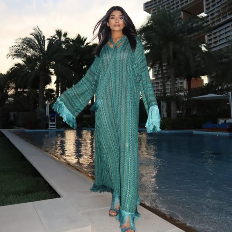 Elegant Tassel Hem Women's Evening Dresses Loose V-neck Full Sleeve Scarf Dresses 2025 Autumn Party Luxurious Lady Robe