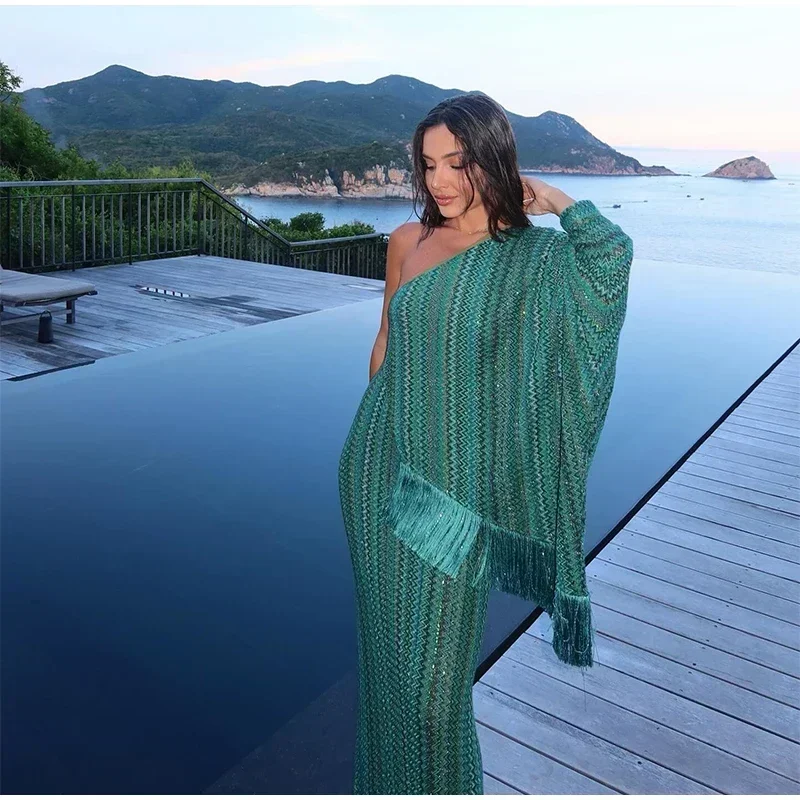 Elegant Tassel Hem Women's Evening Dresses Loose V-neck Full Sleeve Scarf Dresses 2025 Autumn Party Luxurious Lady Robe