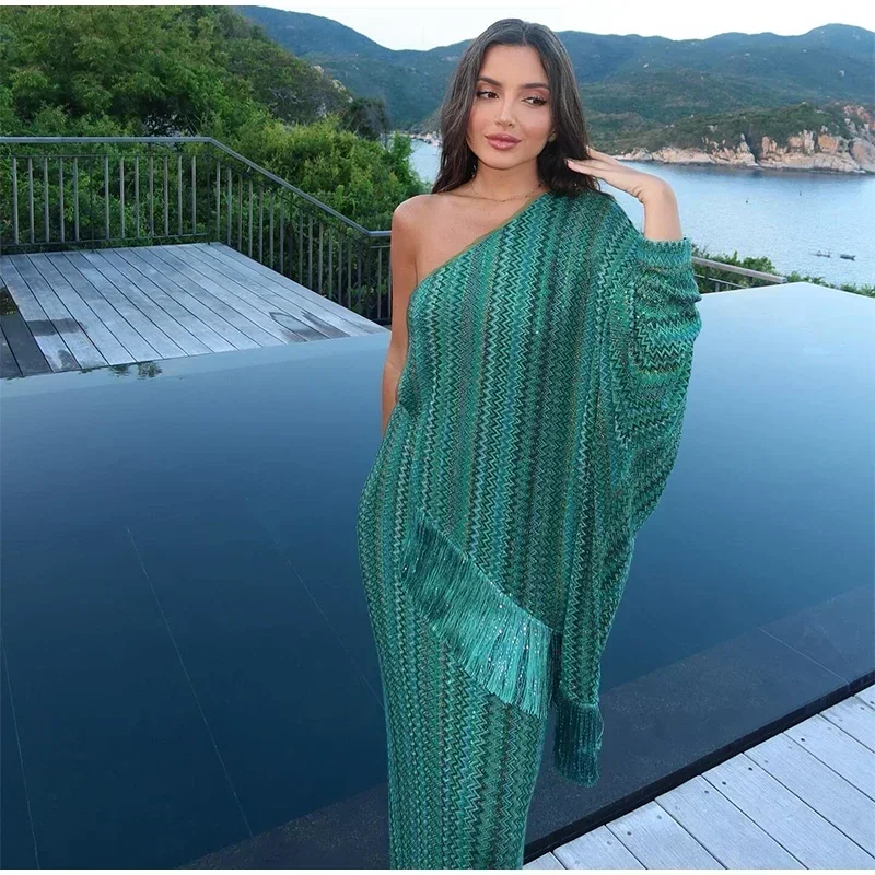 Elegant Tassel Hem Women's Evening Dresses Loose V-neck Full Sleeve Scarf Dresses 2025 Autumn Party Luxurious Lady Robe
