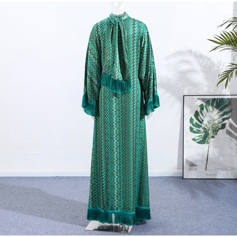 Elegant Tassel Hem Women's Evening Dresses Loose V-neck Full Sleeve Scarf Dresses 2025 Autumn Party Luxurious Lady Robe