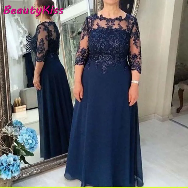 Navy Blue Mother Of The Bride Dresses Plus Size 3/4 Sleeves Appliques Beaded Chiffon Groom Mother Dresses robe de soirée femme
