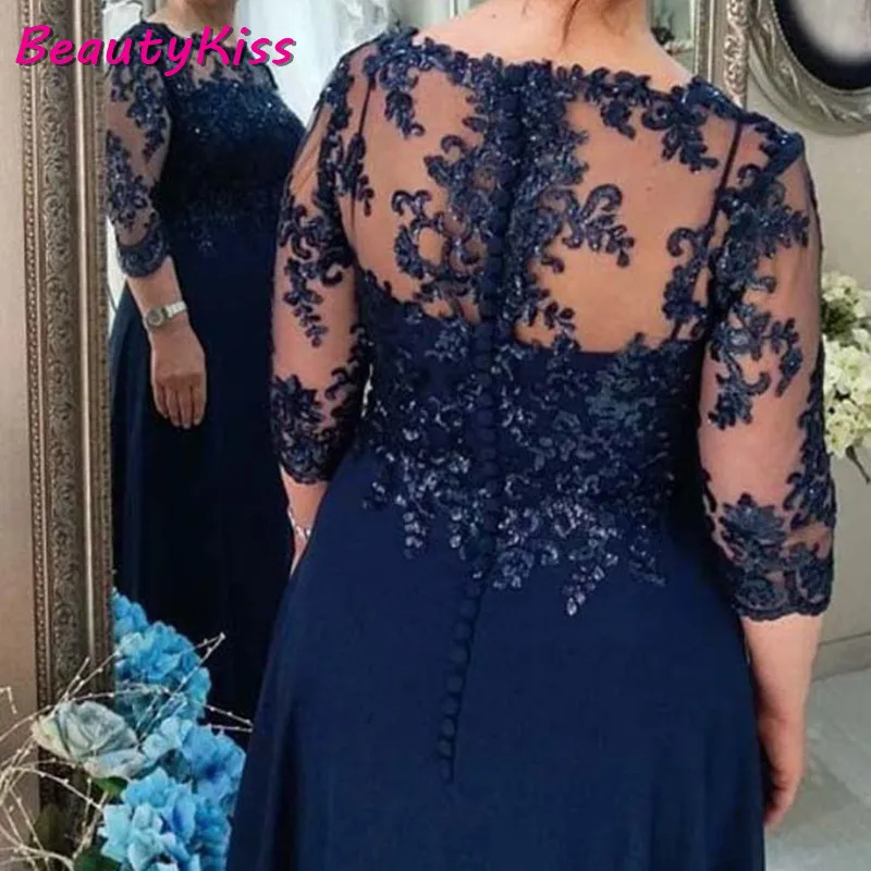 Navy Blue Mother Of The Bride Dresses Plus Size 3/4 Sleeves Appliques Beaded Chiffon Groom Mother Dresses robe de soirée femme