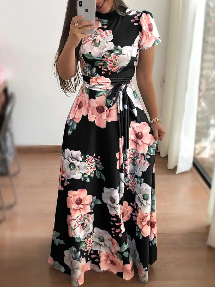Women's Slim Dresses Casual Long Sleeve Round Neck Flower Printed Dress Strap Floor-Length Long Skirt Women's Clothing