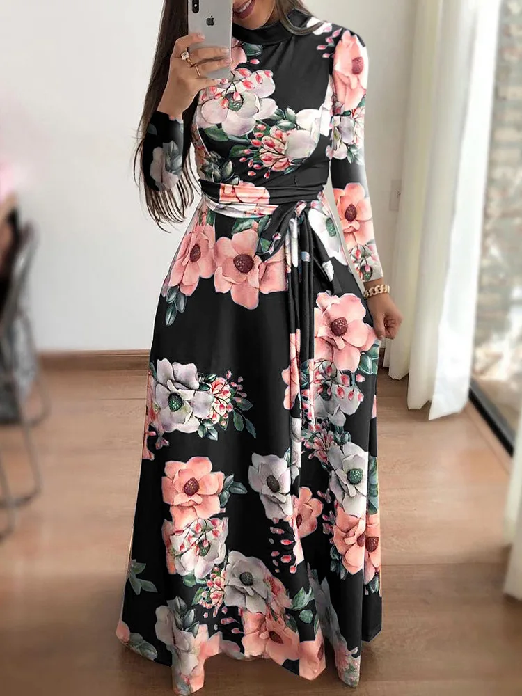Women's Slim Dresses Casual Long Sleeve Round Neck Flower Printed Dress Strap Floor-Length Long Skirt Women's Clothing