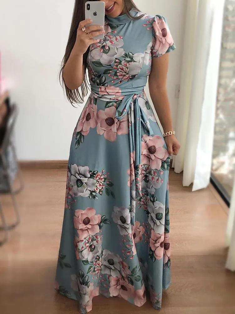 Women's Slim Dresses Casual Long Sleeve Round Neck Flower Printed Dress Strap Floor-Length Long Skirt Women's Clothing