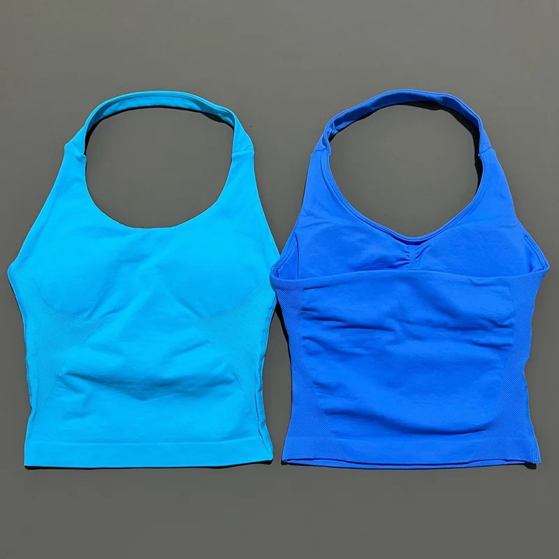 HISTELLO Sports Halter Top Seamless Longline Strappy Gym Tank Top Women Yoga Clothing Workout Fitness Sportswear Pilates Vest