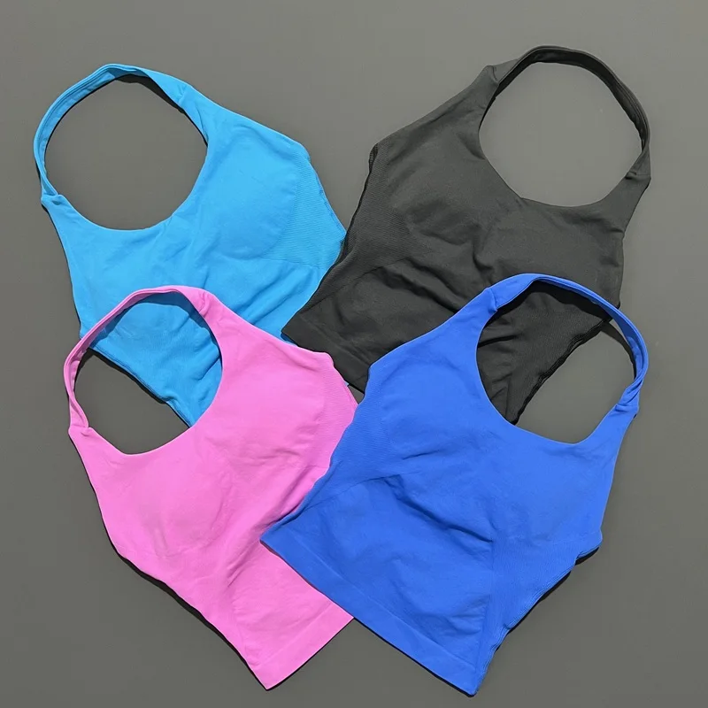 HISTELLO Sports Halter Top Seamless Longline Strappy Gym Tank Top Women Yoga Clothing Workout Fitness Sportswear Pilates Vest