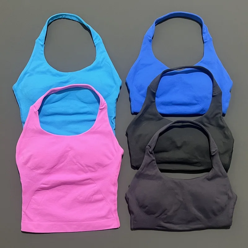 HISTELLO Sports Halter Top Seamless Longline Strappy Gym Tank Top Women Yoga Clothing Workout Fitness Sportswear Pilates Vest