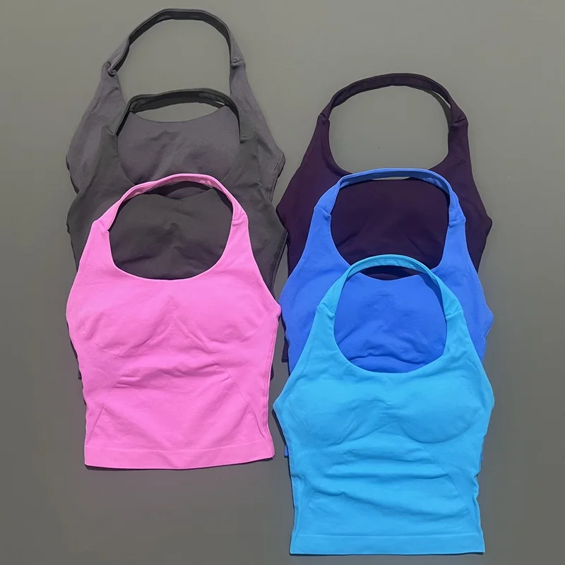 HISTELLO Sports Halter Top Seamless Longline Strappy Gym Tank Top Women Yoga Clothing Workout Fitness Sportswear Pilates Vest