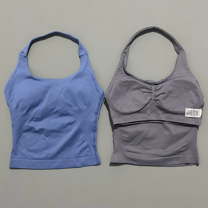 HISTELLO Sports Halter Top Seamless Longline Strappy Gym Tank Top Women Yoga Clothing Workout Fitness Sportswear Pilates Vest