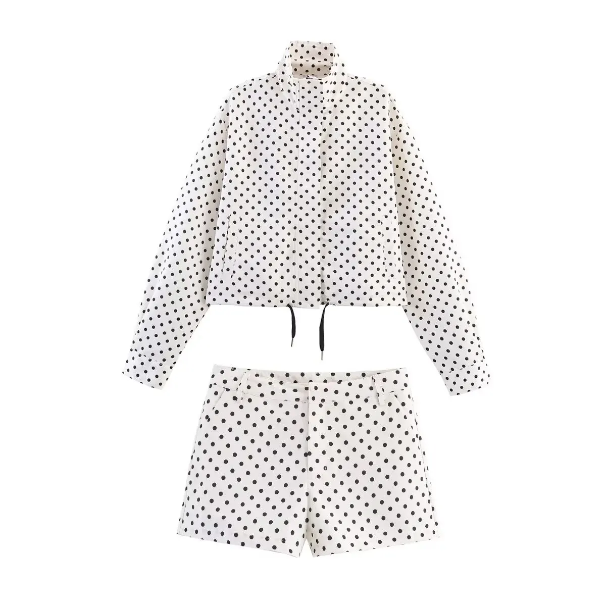 HH Female Autumn Fashion Polka Dot Printed Set Long Sleeves Turtleneck Drawstring Jacket+A-line Shorts Women's Vintage Suit