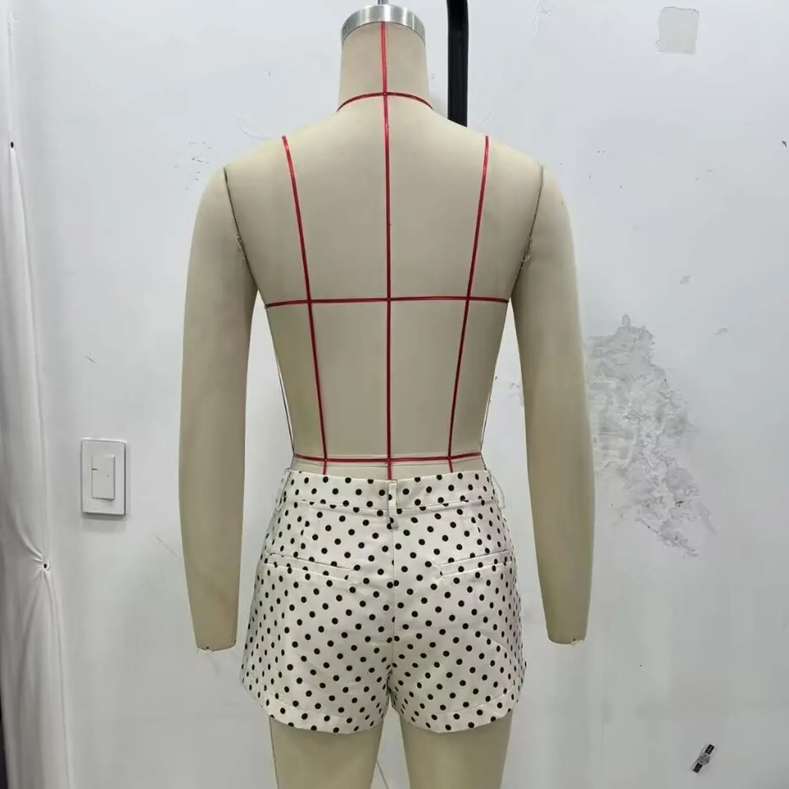 HH Female Autumn Fashion Polka Dot Printed Set Long Sleeves Turtleneck Drawstring Jacket+A-line Shorts Women's Vintage Suit
