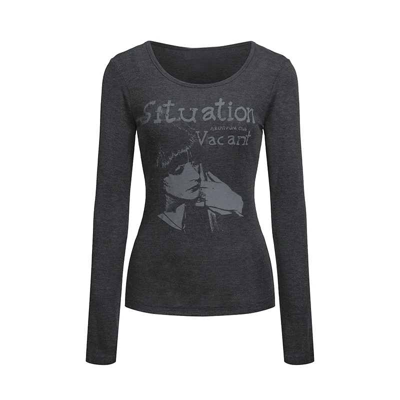 Tonngirls Y2k Vintage T-shirt Women Long Sleeve Print Graphic Tops Streetwear American Retro Grunge Tops E-girls 2000s Tshirts