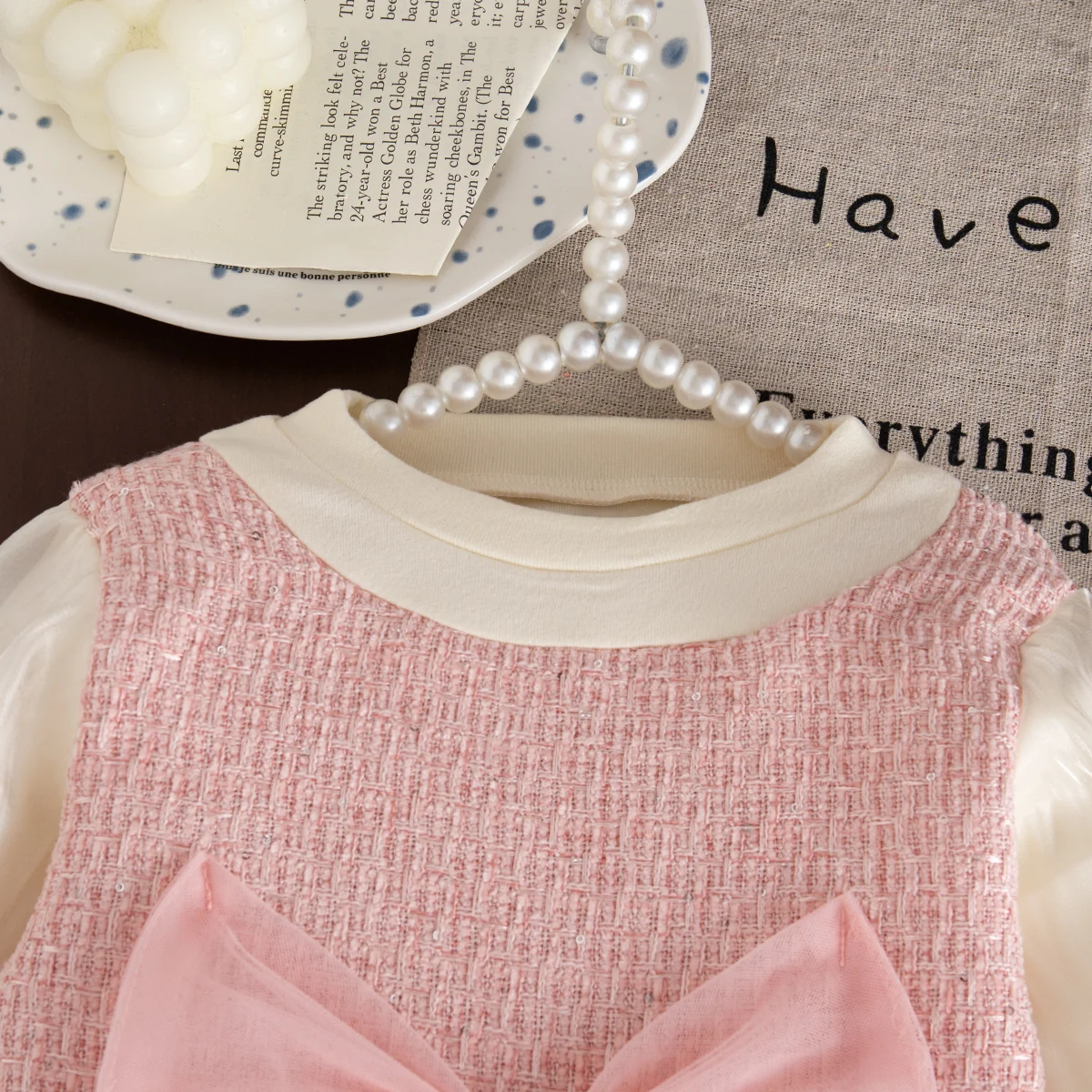9 Months -3 Years Old Spring And Autumn New Sweet Bow Baby Girl Dress, Korean Style Children'S Long Sleeved Clothes