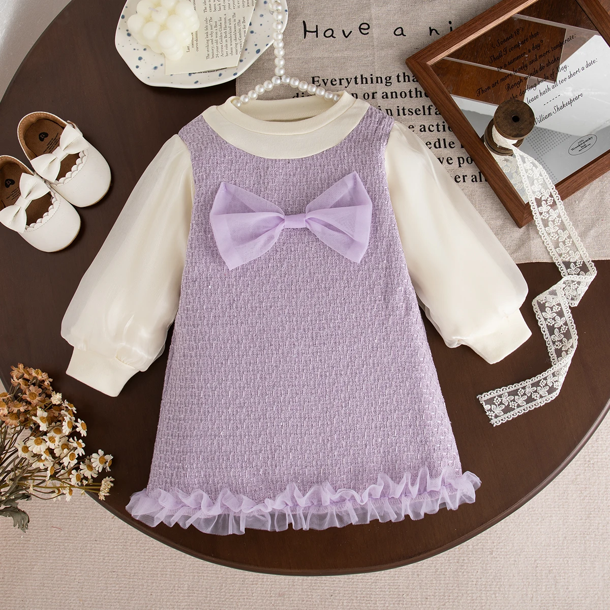 9 Months -3 Years Old Spring And Autumn New Sweet Bow Baby Girl Dress, Korean Style Children'S Long Sleeved Clothes