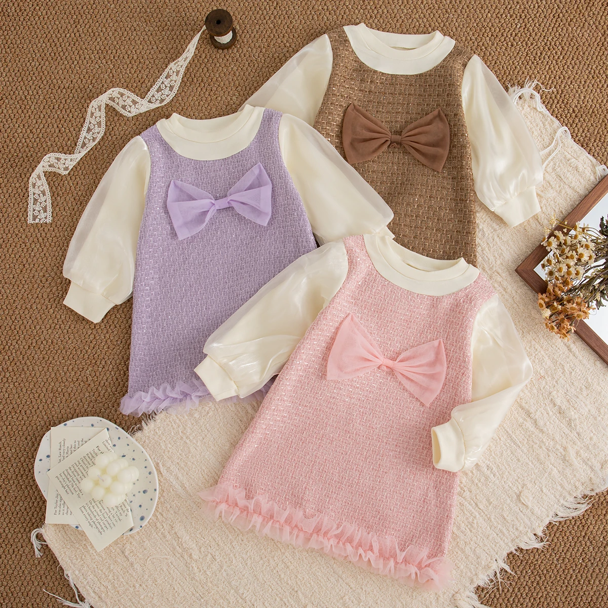 9 Months -3 Years Old Spring And Autumn New Sweet Bow Baby Girl Dress, Korean Style Children'S Long Sleeved Clothes
