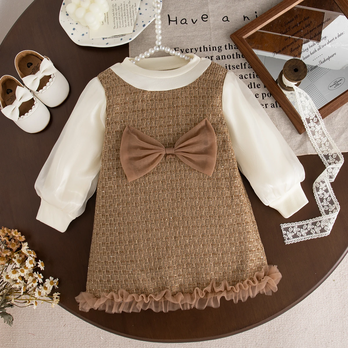 9 Months -3 Years Old Spring And Autumn New Sweet Bow Baby Girl Dress, Korean Style Children'S Long Sleeved Clothes
