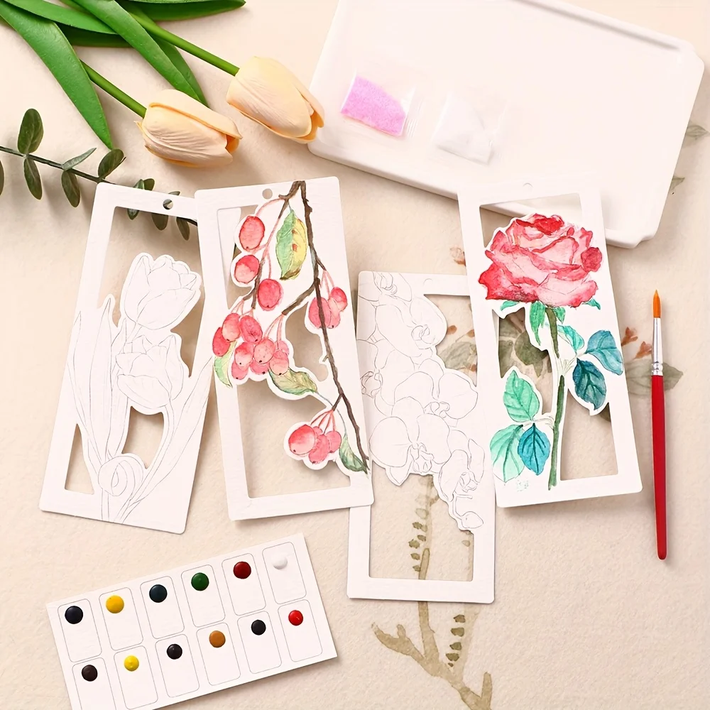 Bview Art 10pcs DIY Watercolor Bookmark Set, Handmade Painting Paper for Coloring, Portable Art Craft Gift for Holiday Party