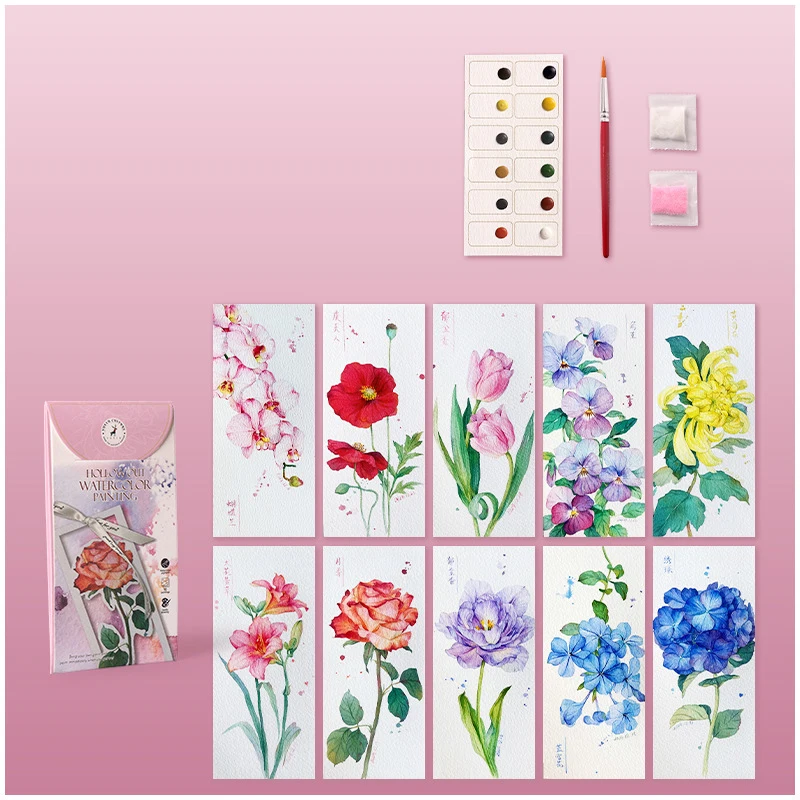 Bview Art 10pcs DIY Watercolor Bookmark Set, Handmade Painting Paper for Coloring, Portable Art Craft Gift for Holiday Party