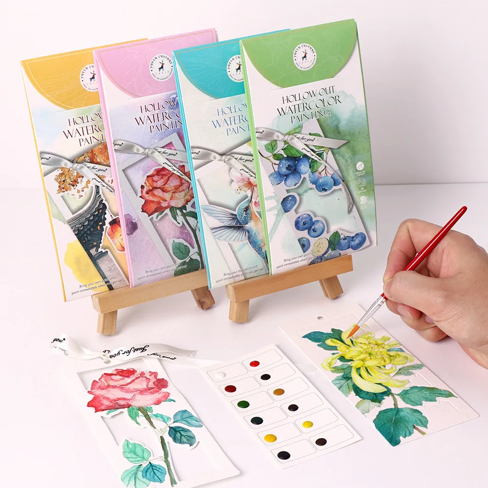 Bview Art 10pcs DIY Watercolor Bookmark Set, Handmade Painting Paper for Coloring, Portable Art Craft Gift for Holiday Party