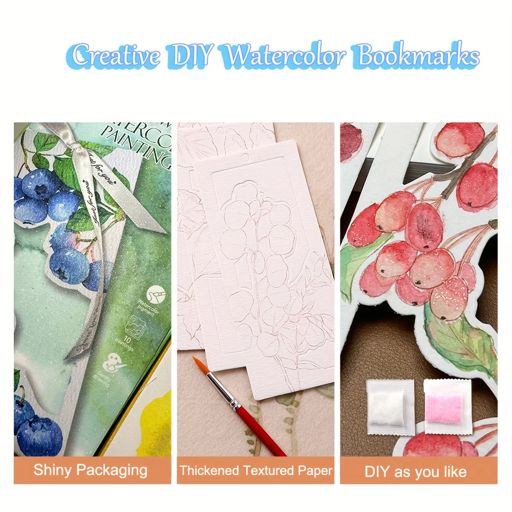 Bview Art 10pcs DIY Watercolor Bookmark Set, Handmade Painting Paper for Coloring, Portable Art Craft Gift for Holiday Party