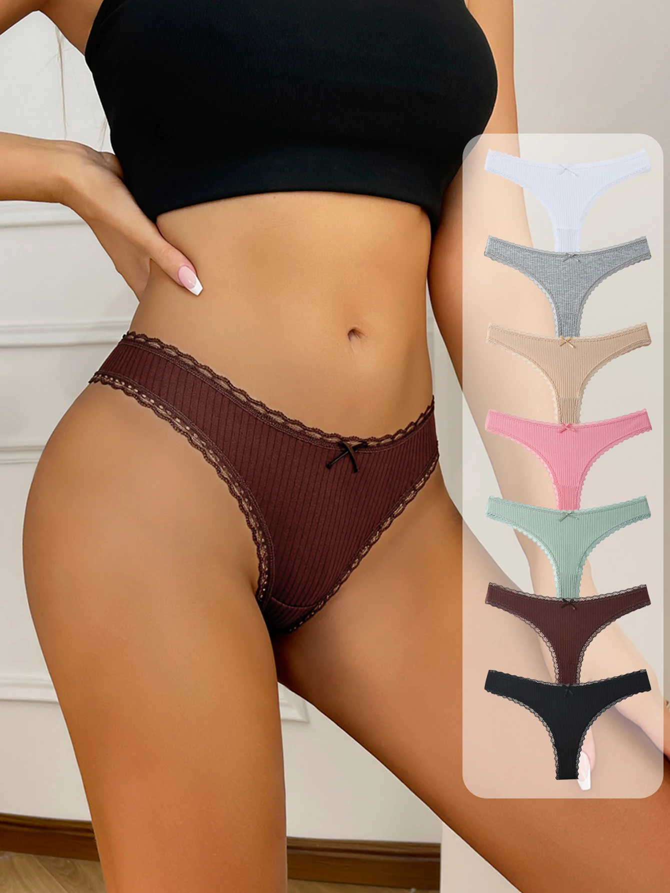 7Pcs/Set Women Thongs Panties Cotton Sexy Lace Underwear Tanga Solid T Back Pants Soft Underpants G-Strings Female Lingerie S-XL